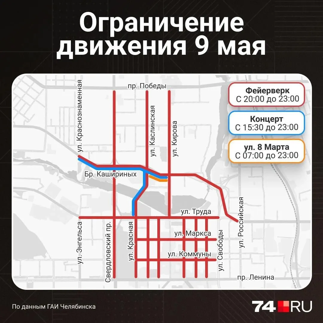 С 15:30 начнётся второй этап перекрытия — участок на пересечении Каслинской и Братьев Кашириных станет непроезжим, а с 20:00 будет закрыт весь центр города.
