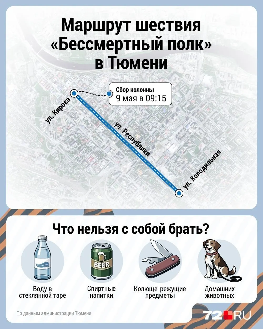 Шествие состоится 9 мая. Сбор с 09:15 у пересечения улиц Кирова и Республики; проход через рамки у филармонии. Центр перекроют, автобусы пойдут в объезд. Запрещены стеклянная тара, колюще-режущие предметы и домашние животные.