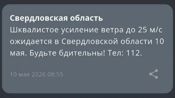 Свердловские спасатели объявили штормовое предупреждение на 10 мая: ожидаются шквалы с порывами до 25 м/с. Даны рекомендации по безопасности — избегайте конструкций и не паркуйтесь под деревьями.