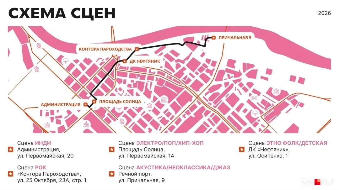 Более 100 музыкантов выступят на пяти сценах в центре Тюмени; в программе — диджей‑сеты, ярмарка, фуд‑точки и интерактивы. Вход свободный.