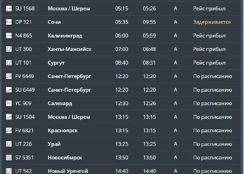 В тюменском аэропорту Рощино задержан прилет самолёта из Сочи; остальные рейсы выполняются по расписанию.