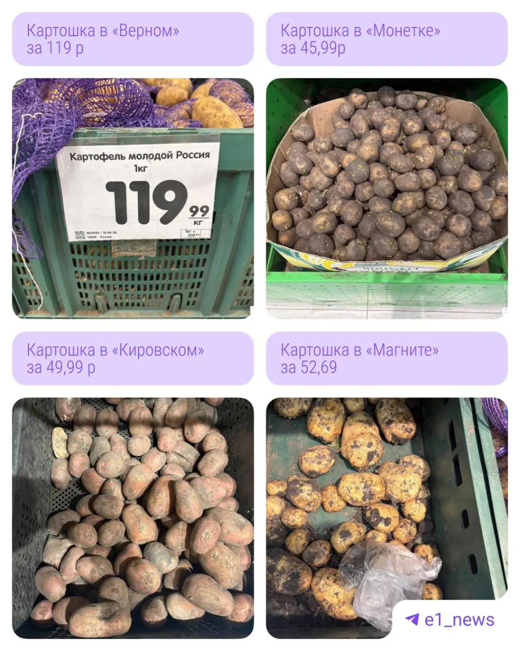 Читательница прислала фото ценника на картофель за 119 ₽. Проверка показала, что в магазинах цены варьируются от 45,99 до 52,69 ₽ за килограмм. Эксперт объясняет, что рост цен летом — сезонное явление.