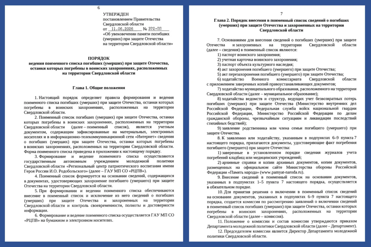 Губернатор подписал постановление о создании базы данных военнослужащих, погибших в ходе СВО и захороненных в Свердловской области. Сведения будут вносить на бумажный и электронный носители, для включения сведений создадут комиссию.