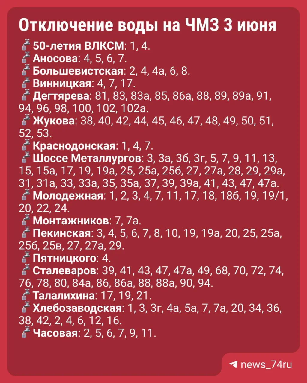 На ЧТЗ и прилегающих улицах 3 июня с 9:00 до 22:00 плановые работы на водоводе — отключат холодную и горячую воду. Назначены точки с бесплатной раздачей воды.