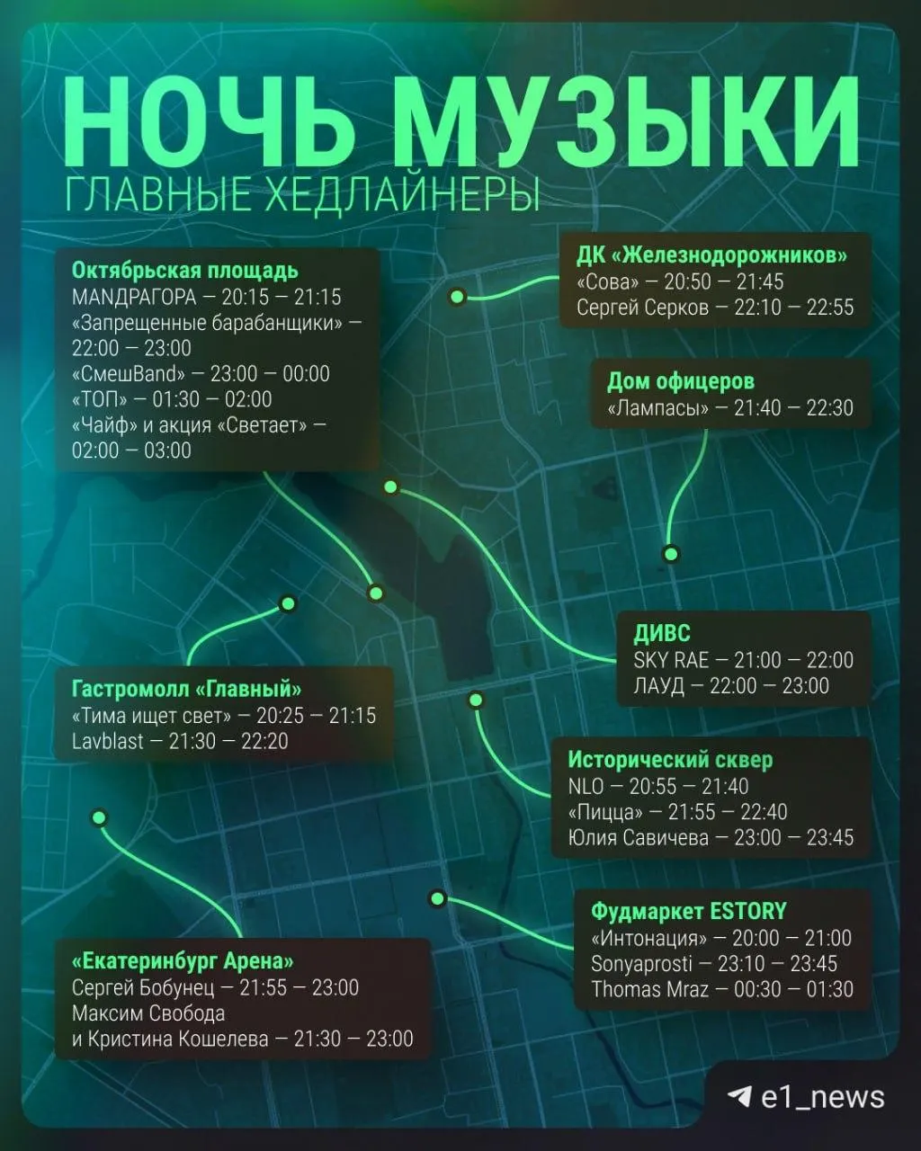 Город на одну ночь превратится в большую концертную площадку: десятки артистов, хедлайнеры и удобная карта площадок, чтобы спланировать маршрут.