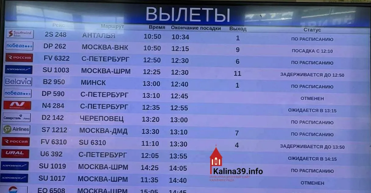 В аэропорту Калининграда наблюдаются массовые задержки: рейсы из Москвы, Санкт-Петербурга и Екатеринбурга опаздывают от 25 минут до четырёх часов, в терминале скопились пассажиры.