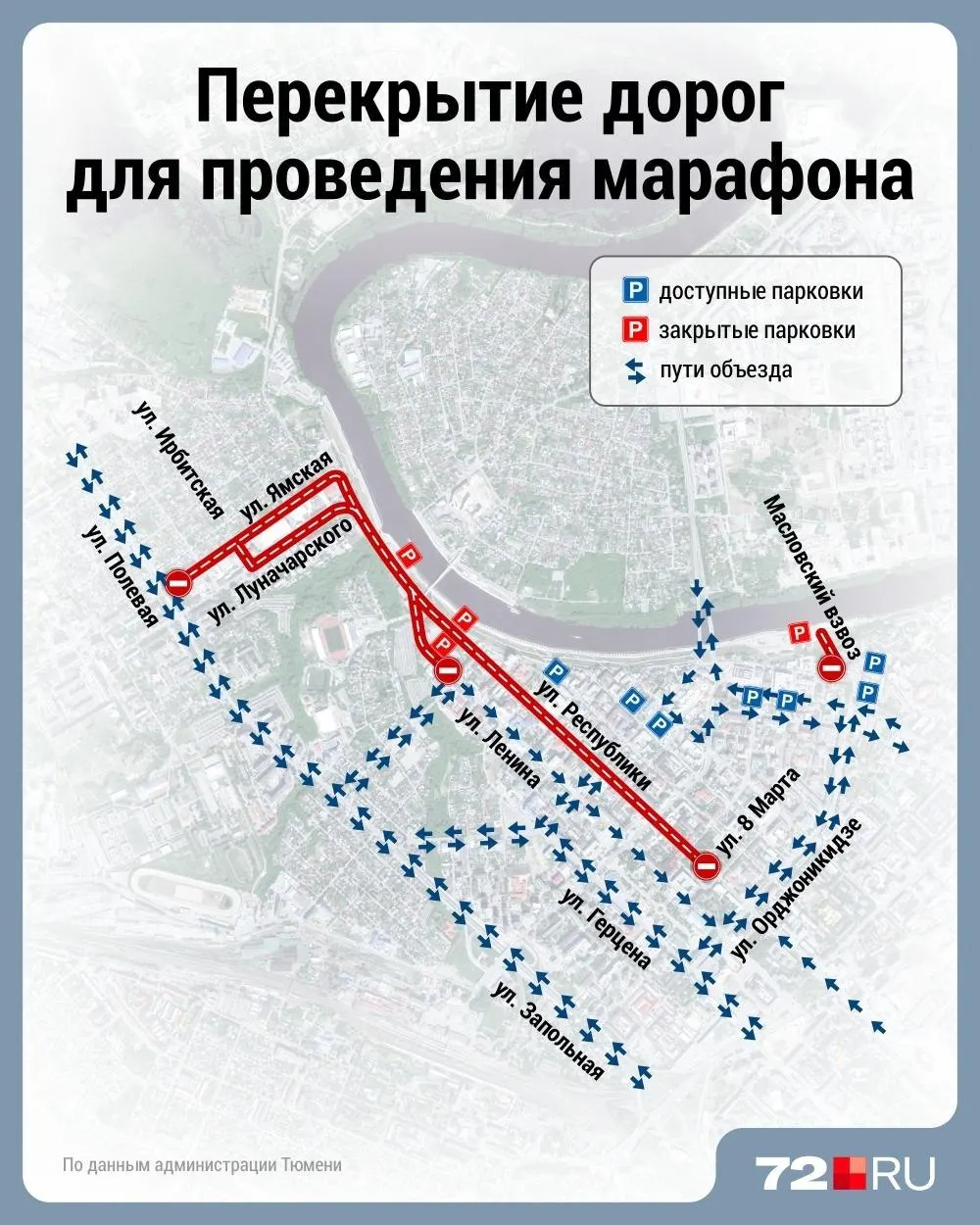 14 июня с 6:00 до 16:00 в Тюмени ограничат движение в центре из‑за 27-го марафона «Врата Сибири». Общественный транспорт будет следовать в объезд.