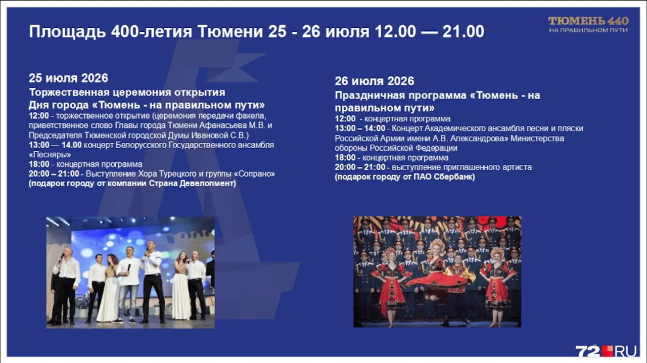 Праздничные мероприятия пройдут на площади 400-летия Тюмени: концерты, салют на набережной и гость вечера в заключительный день.