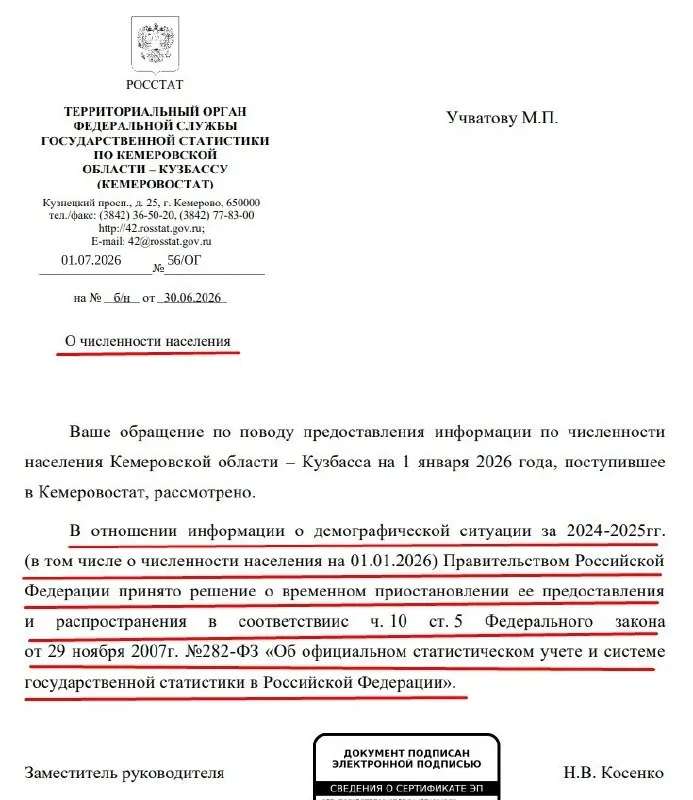 Правительство РФ временно приостановило предоставление официальной статистики о численности населения за 2024–2025 годы. Основание — поправки в закон об официальном статистическом учёте, которые расширяют полномочия кабинета министров по регулированию доступа к данным.
