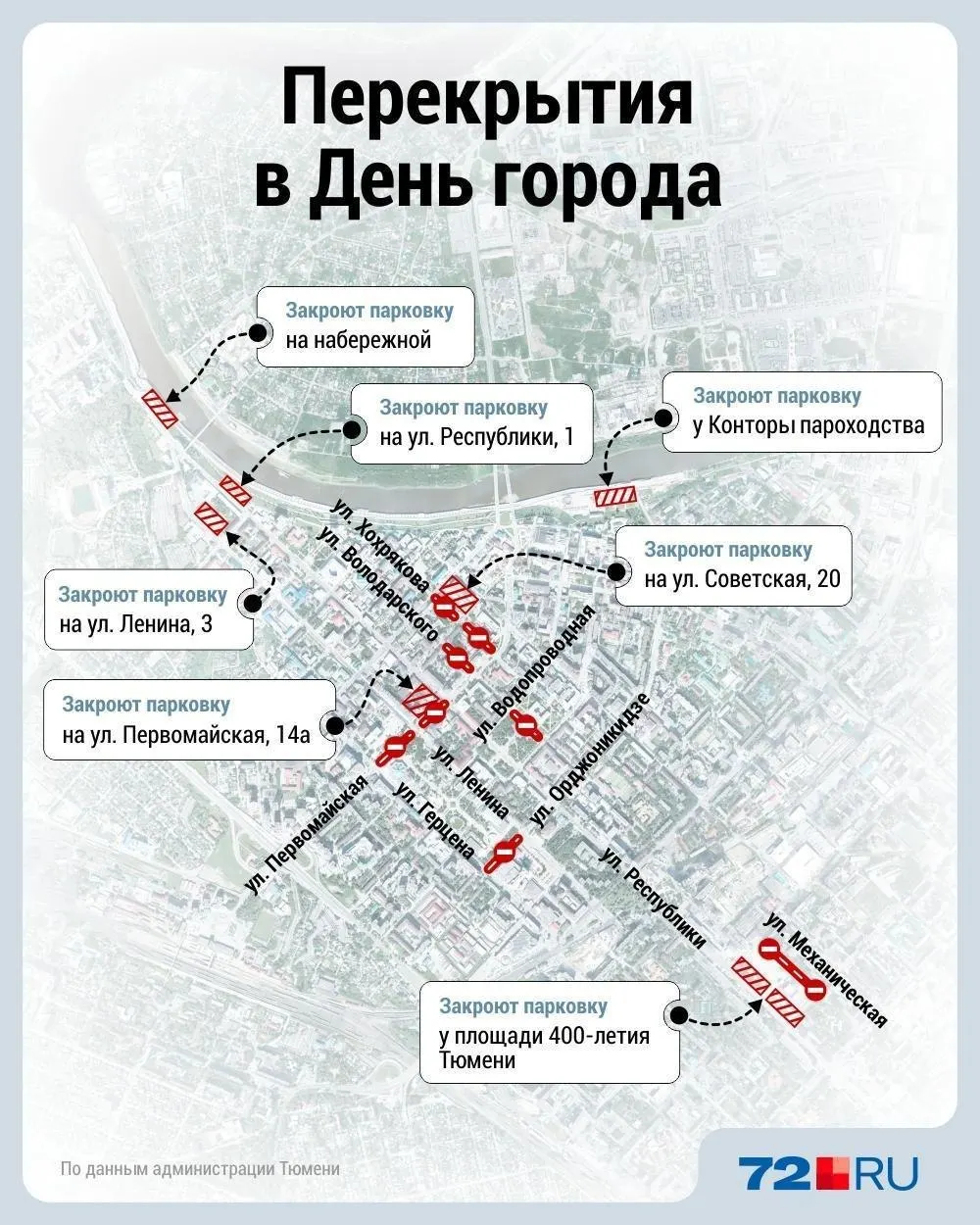 В центре Тюмени введены временные ограничения движения и запреты на парковку: несколько участков улиц закрыты до конца дня в связи с праздничными мероприятиями.