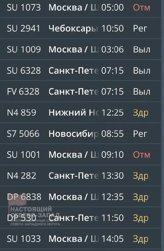 Из‑за атак беспилотников и ограничений в воздушном пространстве в районе Санкт‑Петербурга в аэропорту Храброво отменены и задержаны десятки рейсов. Пострадали направления в Москву, Санкт‑Петербург и Екатеринбург.