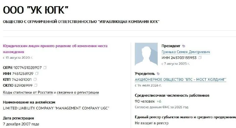 АО «БТС‑Мост Холдинг» приобрело управляющую компанию холдинга «ЮГК». Активы ранее были национализированы год назад, продажа прошла через аукцион.