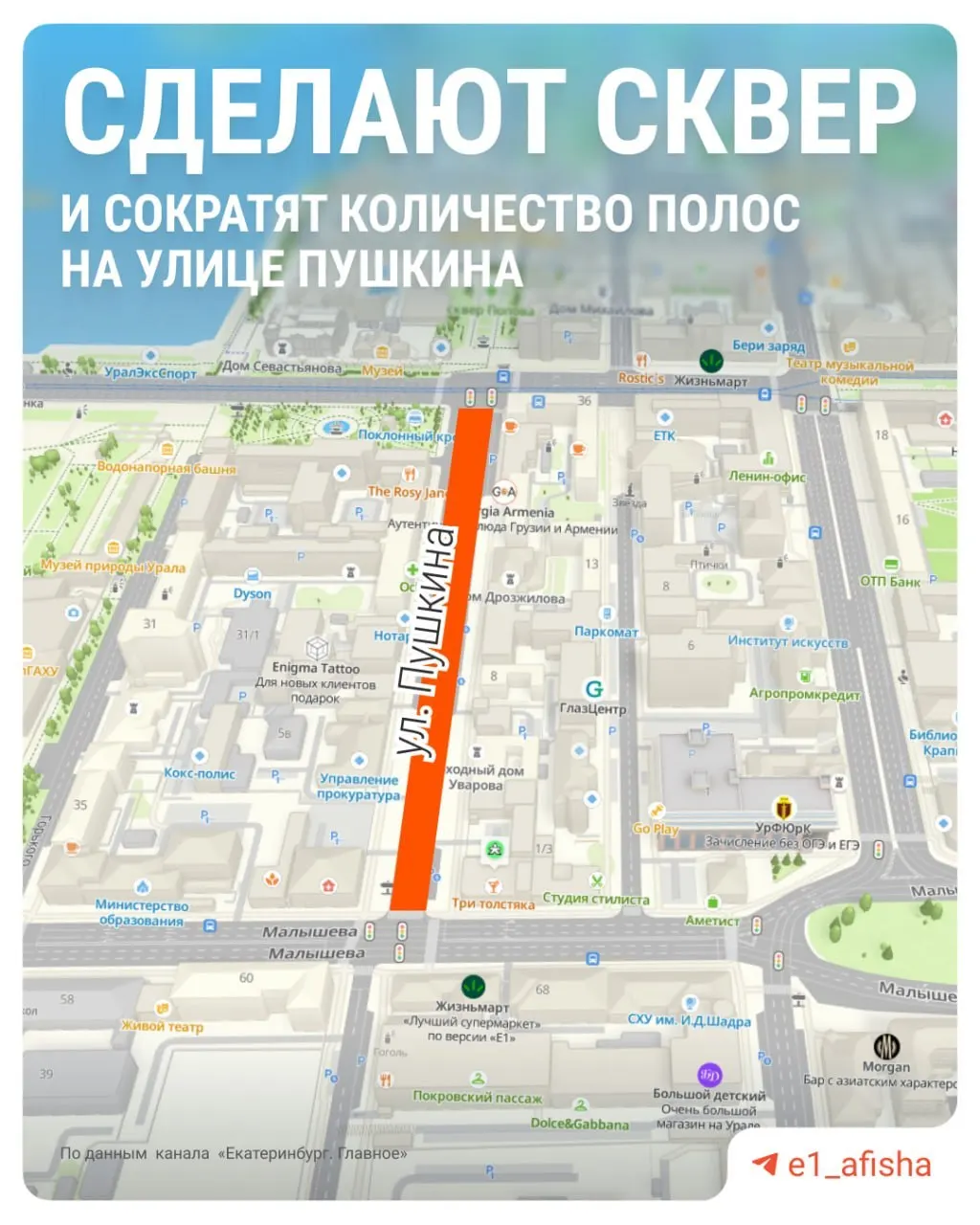 На улице Пушкина планируют сократить число полос с четырёх до двух, организовать парковку, тротуары и широкие велодорожки, высадить десятки деревьев и тысячи кустарников; работы хотят завершить к 1 сентября.