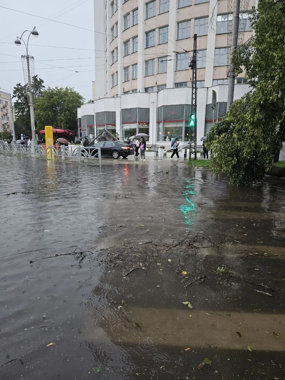 Сильный дождь и порывистый ветер в центре города повалили деревья и повредили контактную сеть — из‑за этого на ряде маршрутных линий задержано движение общественного транспорта.