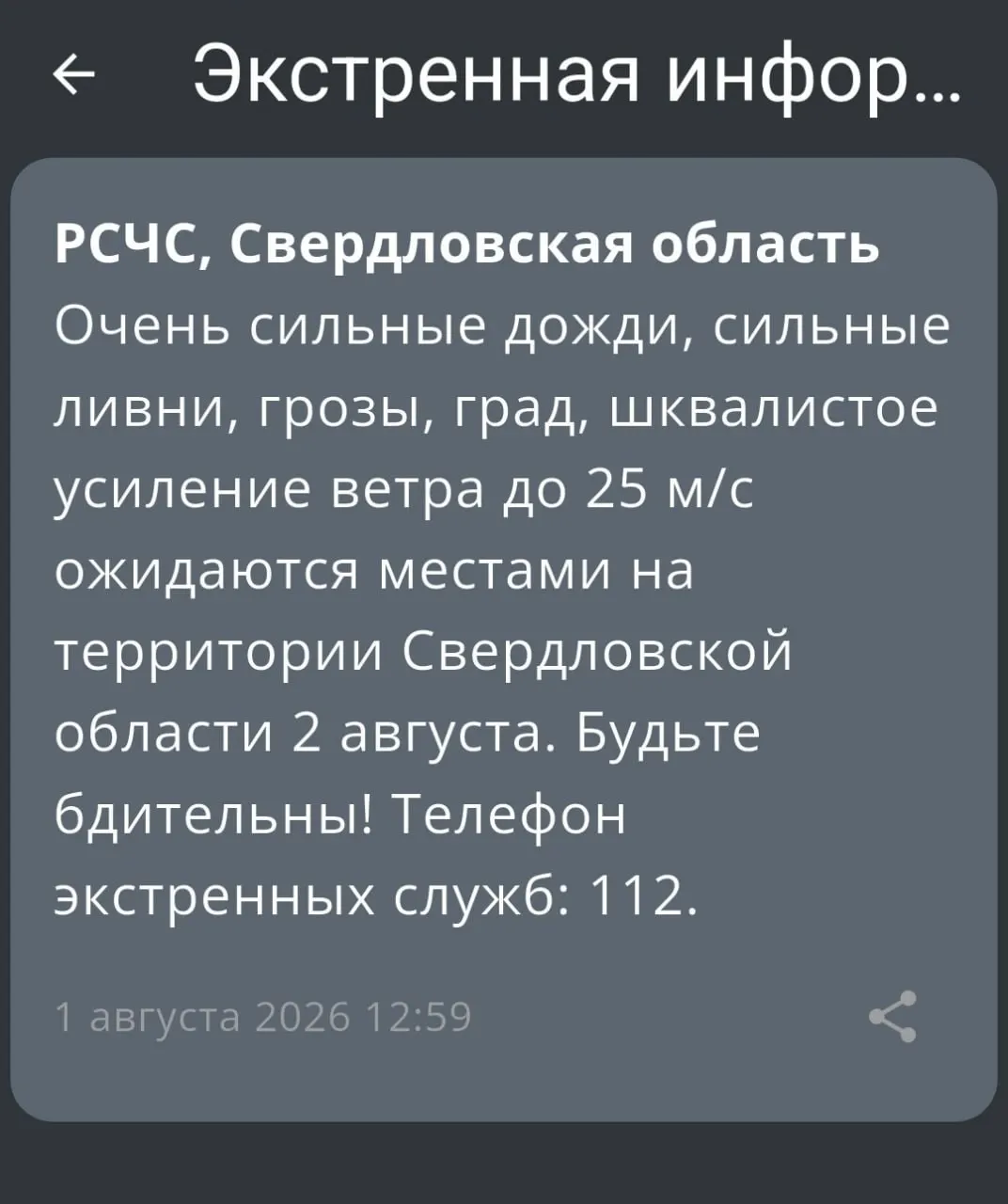 Спасатели предупреждают: 2 августа в регионе ожидаются сильные ливни, град и порывистый ветер. По возможности оставайтесь дома и соблюдайте меры предосторожности.