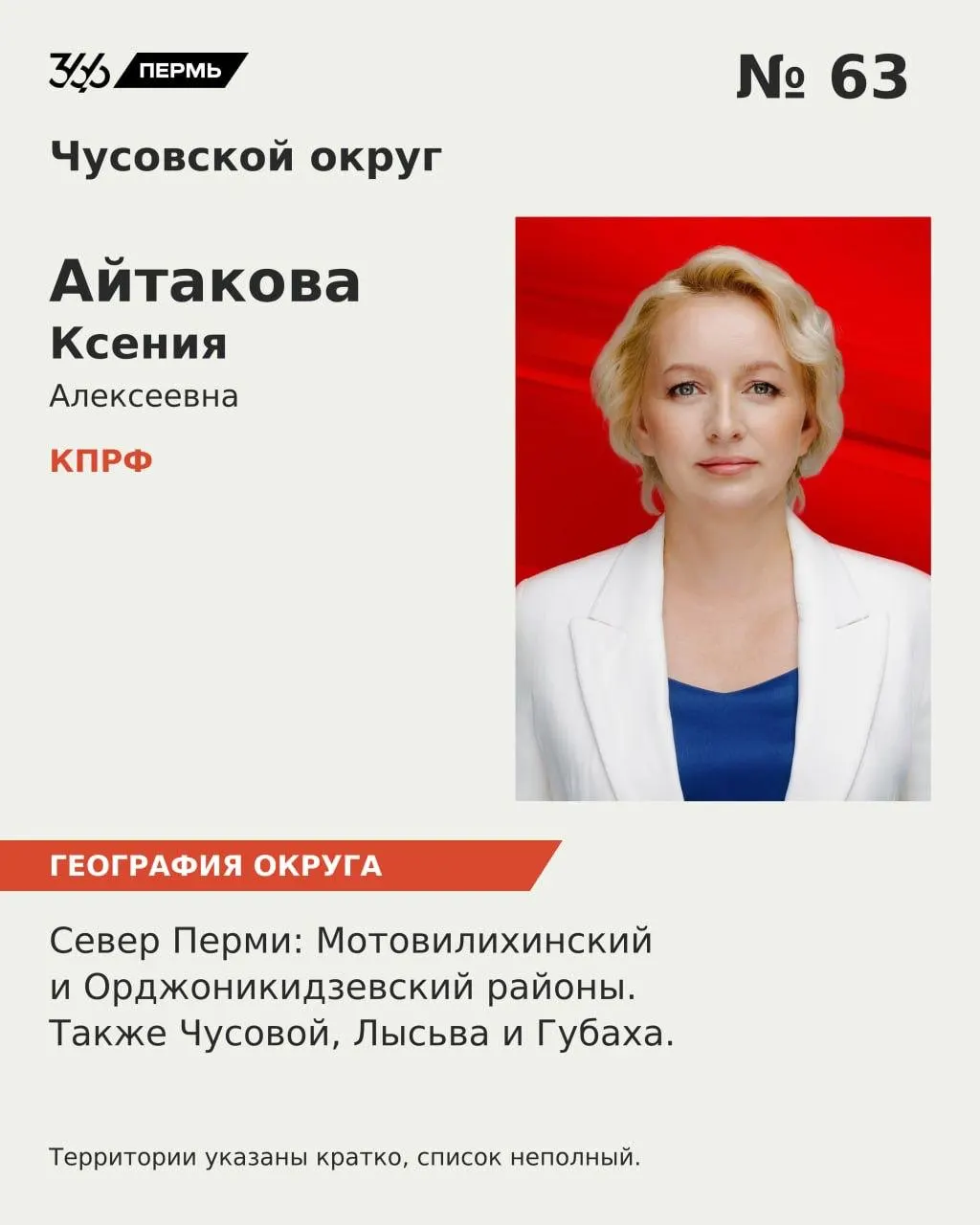 Кандидат по Чусовскому округу №63 снялся с гонки, чтобы объединить протестные голоса и не стать спойлером. Обновлены рекомендации: голосуйте за Ксению Айтакову в 63-м округе.