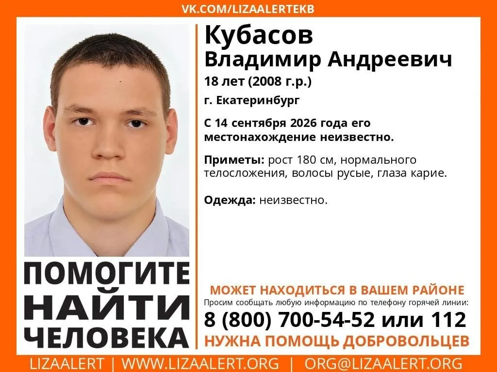 18-летний Владимир Кубасов пропал 14 сентября; полиция и волонтеры просят сообщить любую информацию по горячей линии.