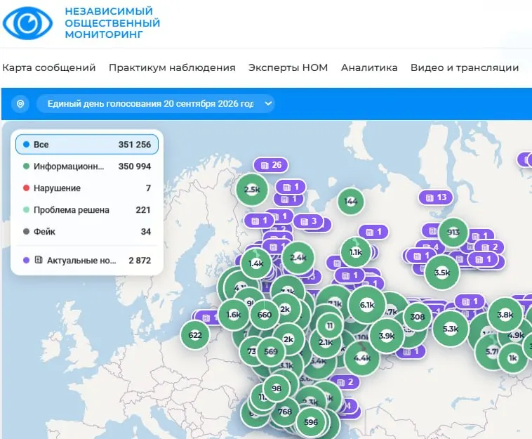 Итоги интерактивной карты наблюдений: зарегистрировано 351 256 сообщений от наблюдателей из разных регионов; лишь небольшая часть помечена как нарушения, остальное — информационные обновления.