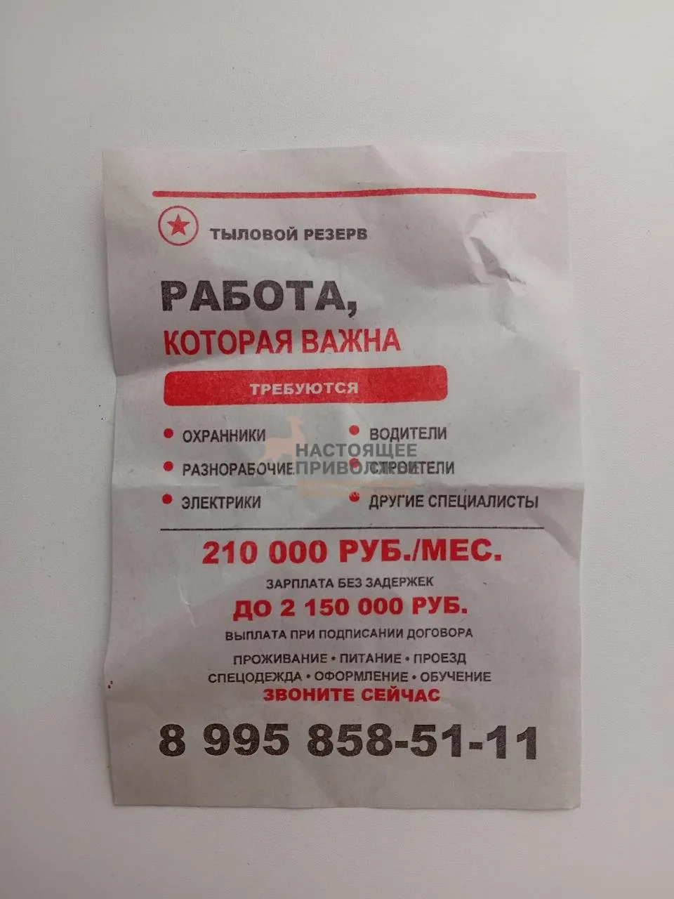 Жители сообщают о листовках с якобы лёгкими заработками на охране, разнорабочих и электрике — но речь может идти о призыве на военную службу.