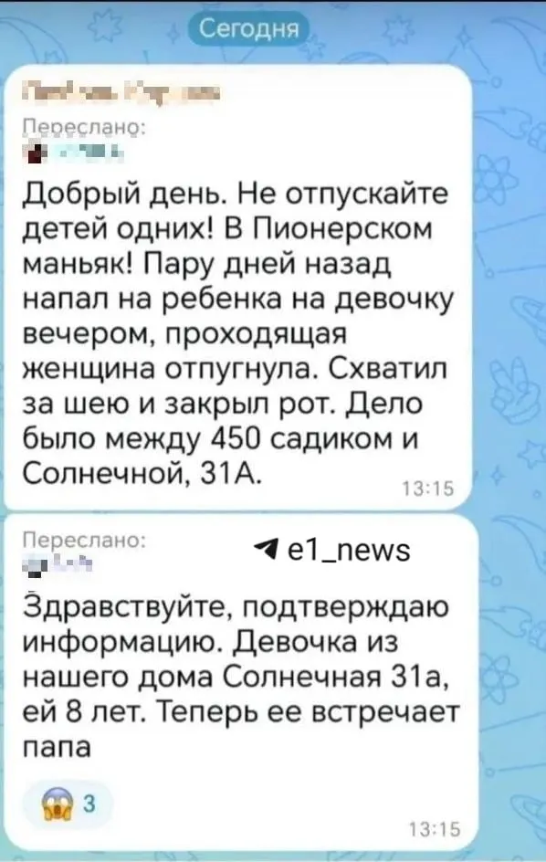 В чатовом общении появлялись сообщения об якобы нападении на ребенка в регионе, однако правоохранители заявили, что данные ложные.